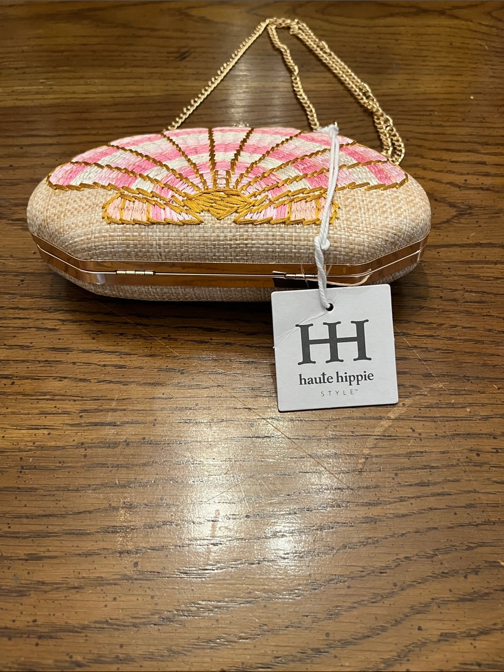 Haute Hippie Pink & Cream Shell-Embroidered Clutch with Gold Chain - Picture 5 of 15